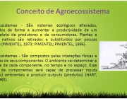 Agroecossistemas - São sistemas ecológicos alterados, manejados de forma a aumentar a produtividade de um grupo seleto de produtores e de consumidores. Plantas e animais nativos são retirados e substituídos por poucas espécies (PIMENTEL, 1973; PIMENTEL; PIMENTEL, 1996). Agroecossistemas - São compostos pelas interações físicas e biológicas de seus componentes. O ambiente vai determinar a presença de cada componente, no tempo e no espaço. Esse arranjo de componentes será capaz de processar inputs (insumos) ambientais e produzir outputs (produtos) (HART, 1978, 1980).