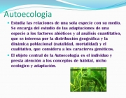 Estudia las relaciones de una sola especie con su medio. Se encarga del estudio de las adaptaciones de una especie a los factores abióticos y al análisis cuantitativo, que se interesa por la distribución geográfica y la dinámica poblacional (natalidad, mortalidad) y el cualitativo, que considera a los caracteres genéticos. El objeto central de la Autoecología es el individuo y presta atención a los conceptos de hábitat, nicho ecológico y adaptación.