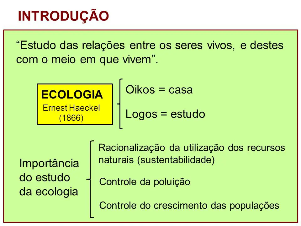 com o meio em que vivem . Oikos = casa. Logos = estudo. ECOLOGIA. Ernest Haeckel. (1866) Controle da poluição. Controle do crescimento das populações. Racionalização da utilização dos recursos. naturais (sustentabilidade) Importância. do estudo. da ecologia.
