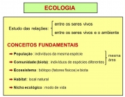 Estudo das relações: entre os seres vivos. entre os seres vivos e o ambiente. CONCEITOS FUNDAMENTAIS. População : indivíduos da mesma espécie. mesma. área. Comunidade (biota) : indivíduos de espécies diferentes. Ecossistema : biótopo (fatores físicos) e biota. Habitat : local natural. Nicho ecológico : modo de vida.