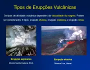 Os tipos de atividade vulcânica dependem da viscosidade do magma. Podem ser considerados 3 tipos: erupção efusiva, erupção explosiva e erupção mista. Erupção explosiva. Monte Santa Helena, EUA. Erupção efusiva. Mauna Loa, Havai.