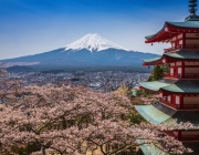 Red pagoda with Mt. Fuji as the background