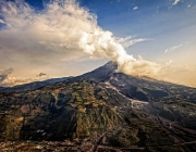 Tungurahua Volcano, Intense Strombolian Activity At Sunset, Aerial View, February 2016, Ecuador, South America