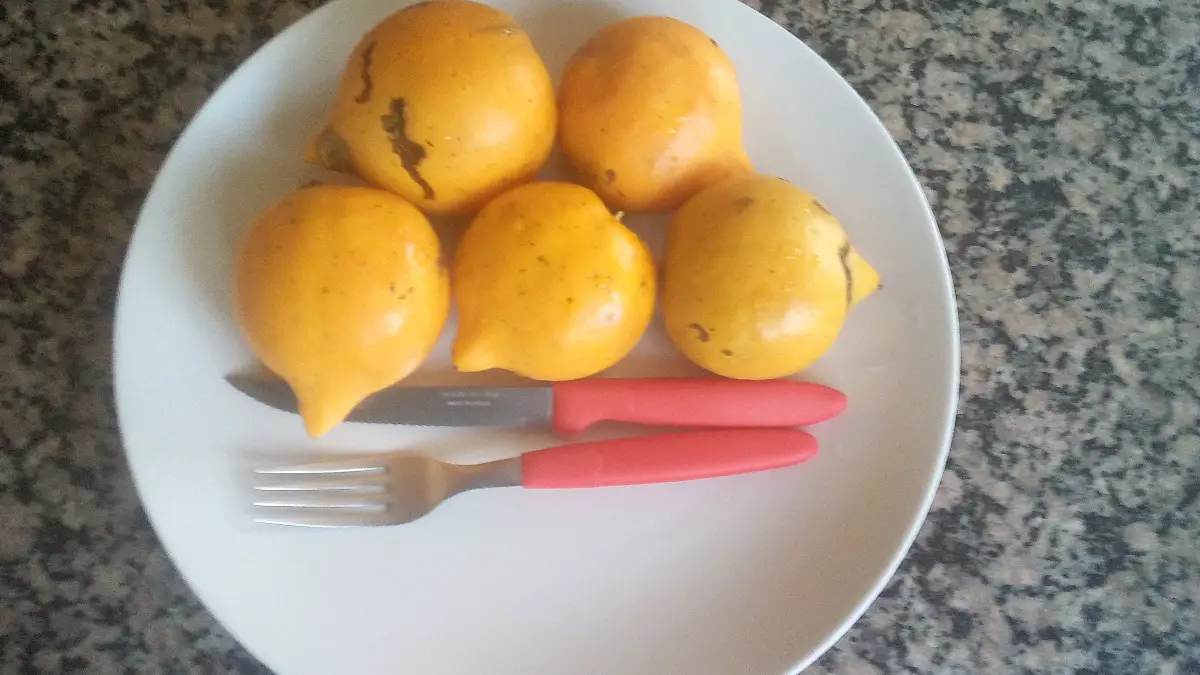 Mangostão-Amarelo no Prato Com Garfo e Faca 