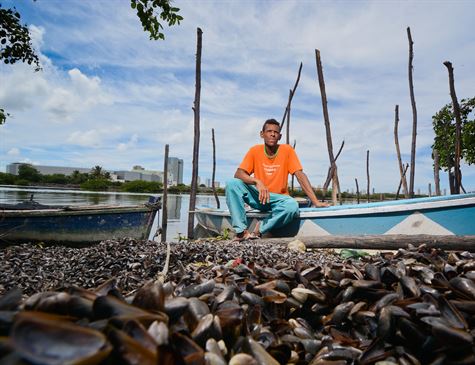 Bivalves Dentro do Barco de Pescador 