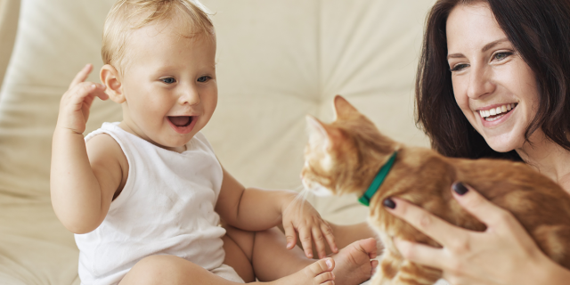 Madre presentando gato a bebé