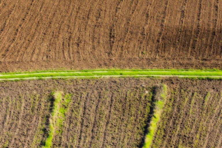 Vista aérea de solo agrícola arado, representando os campos onde microplásticos podem se acumular