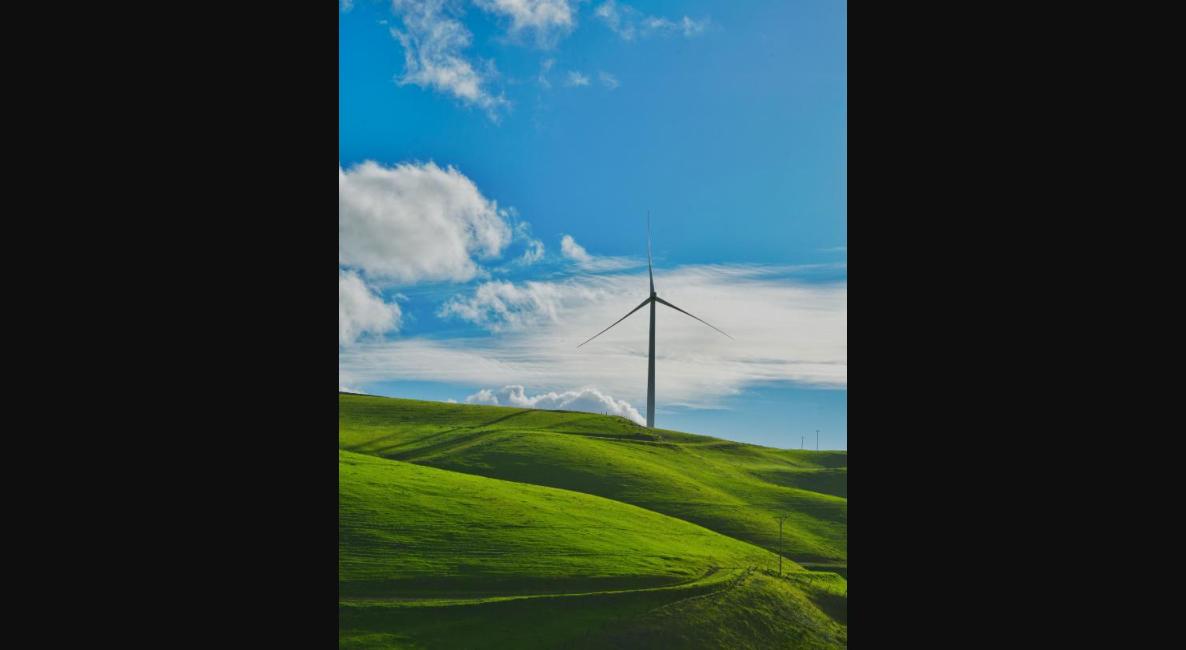 Turbina eólica em campo verde, símbolo de energia renovável e sustentabilidade